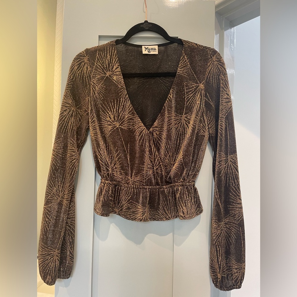 Show Me Your MuMu Top Women’s XS Gold Black Shimmer Fireworks Wrap Blouse Crop